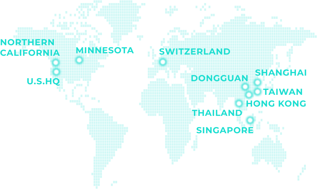 海外の拠点マップ：北カリフォルニア、ミネソタ、スイス、上海、東莞、台湾、香港、タイ、シンガポール